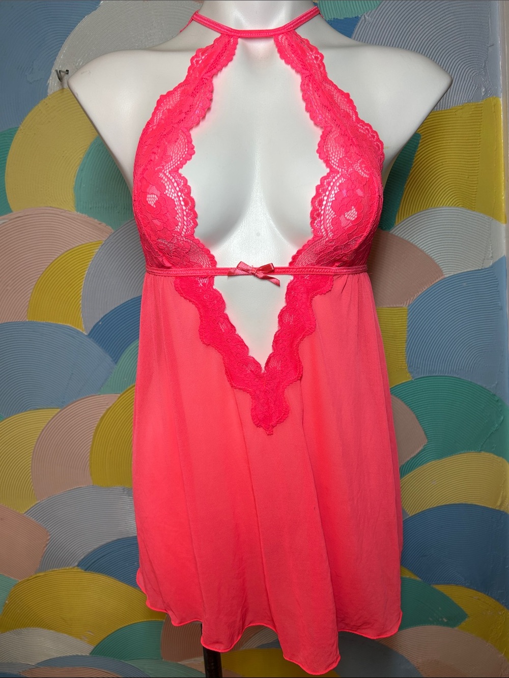 Dream girl Women's Neon Pink Lace Halter Chemise - Intimates sz S